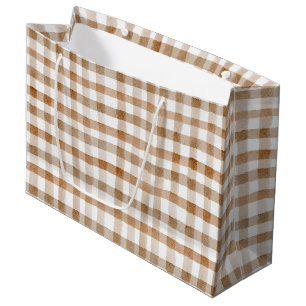 Cream Brown Stripes Tan Plaid Birthday Large Gift Bag