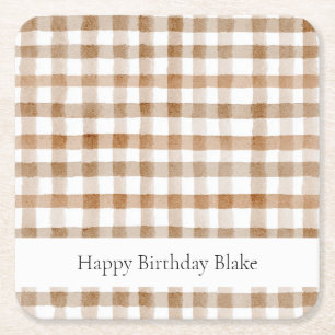 Cream Brown Stripes Tan Plaid Birthday Square Paper Coaster