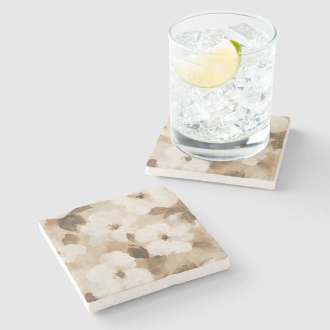 Cream Brown Tan Abstract Flowers Stone Coaster (Side)