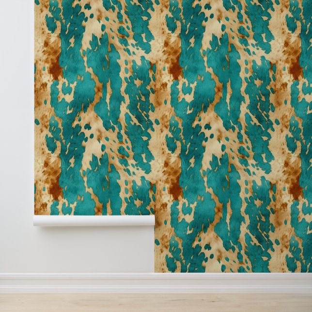 Cream Brown Teal Cowhide Wallpaper (Application)