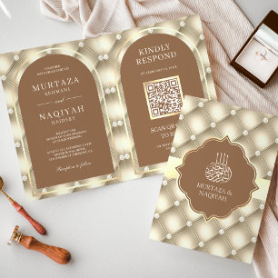 Cream Brown Tufted Pattern QR Code Muslim Wedding Invitation