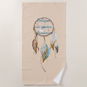 Cream Brown Turquoise Dream Catcher Beach Towel