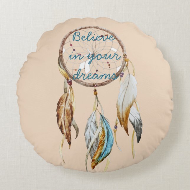 Cream Brown Turquoise Dream catcher watercolor  Round Cushion (Front)