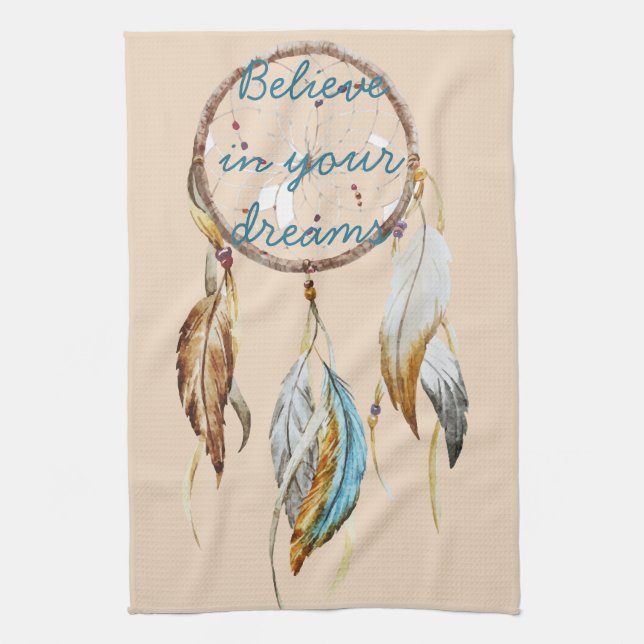 Cream Brown Turquoise White Feathers Dream Catcher Tea Towel (Vertical)