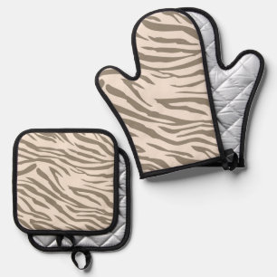 Cream Brown White Zebra Print Oven Mitt & Pot Holder Set