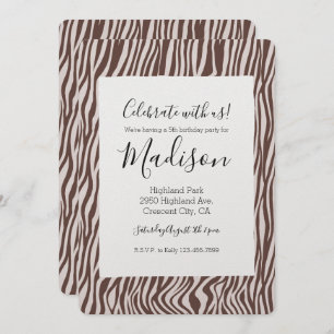 Cream Brown Zebra Print Birthday Invitation