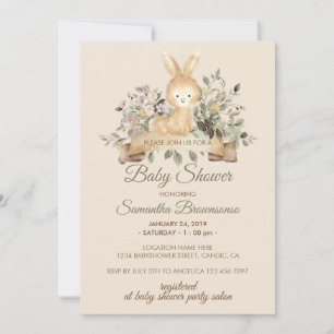 Cream Bunny Rabbit Botanical Floral Baby Shower Invitation