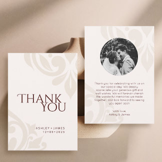 Cream Burgundy Elegant Chic Damask Photo Wedding  Thank You Card