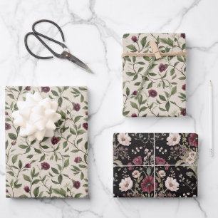 Cream Burgundy Flowers Bridal Shower Wrapping Paper Sheet