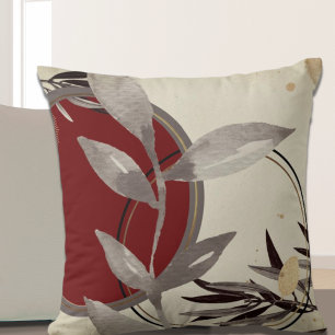 Cream Burgundy & Gray Abstract Watercolor Leaf Cushion