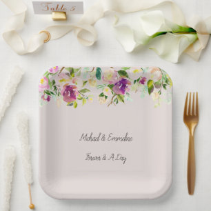 Cream Burgundy Pink Floral Wedding Paper Plate