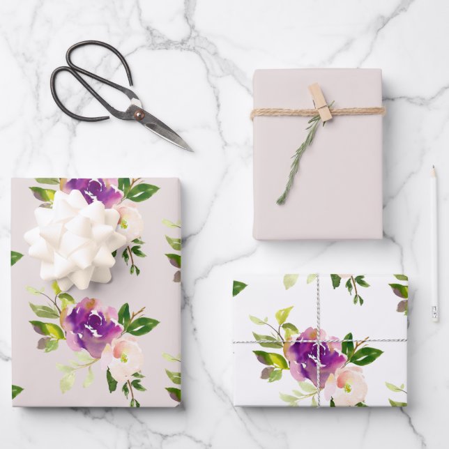 Cream Burgundy Pink Floral Wedding Wrapping Paper Sheet (Front)