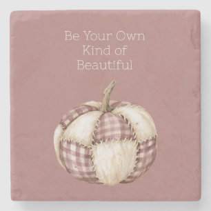 Cream Burgundy Plaid Pumpkin Stone Coaster