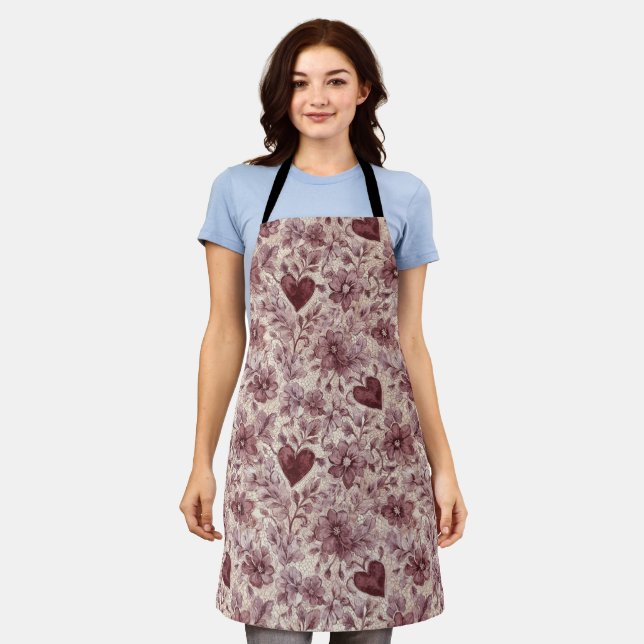 Cream Burgundy Red Hearts Flowers Apron (Worn)