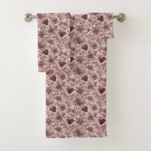 Cream Burgundy Red Hearts Flowers Bath Towel Set