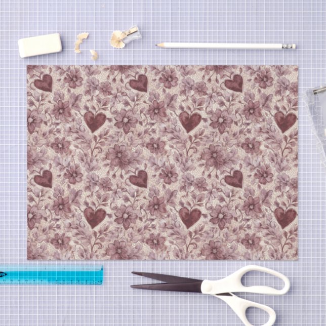 Cream Burgundy Red Hearts Flowers Bridal Shower Tissue Paper (Craft)