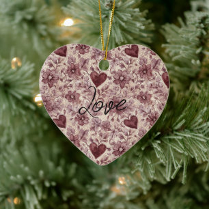 Cream Burgundy Red Hearts Flowers Ceramic Tree Decoration