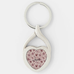 Cream Burgundy Red Hearts Flowers Key Ring
