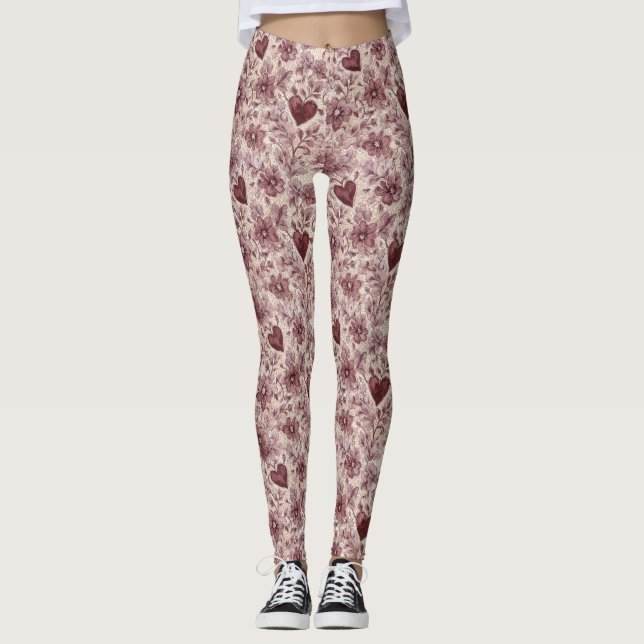 Cream Burgundy Red Hearts Flowers Leggings (Front)
