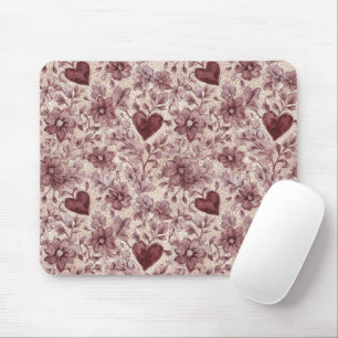 Cream Burgundy Red Hearts Flowers Mouse Mat