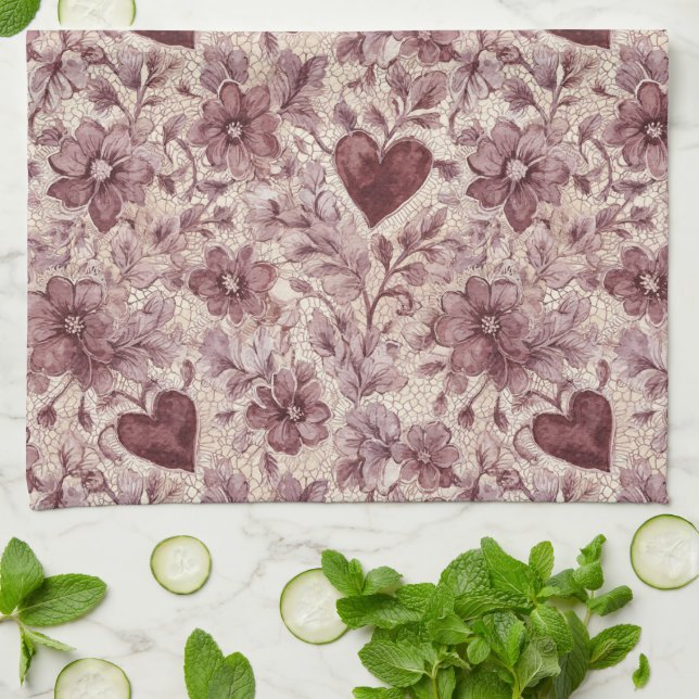 Cream Burgundy Red Hearts Flowers Tea Towel (Folded)