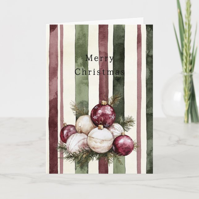 Cream Burgundy Red Stripes Christmas Ornaments Card (Front)