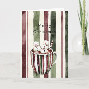 Cream Burgundy Red Stripes Christmas Snowmen Cup Card