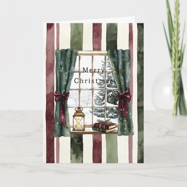 Cream Burgundy Red Stripes Window Tree Christmas Card (Front)