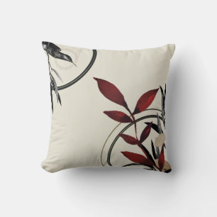 Cream & Burgundy Red Watercolor Leaf & Hummingbird Cushion