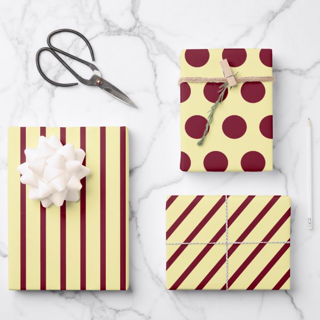 Cream Burgundy Stripe Circle Dot Wrapping Paper Sheet (Front)
