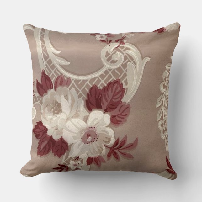 Cream & Burgundy Wallpaper Print Cushion (Front)