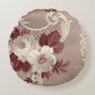 Cream & Burgundy Wallpaper Print Round Cushion