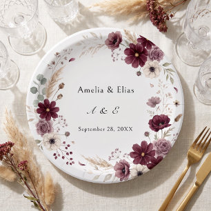 Cream Burgundy Wedding Anemone Blooms Paper Plate