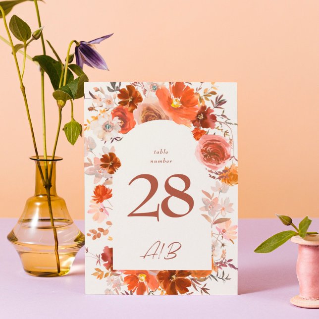 Cream Burnt Orange Floral Botanical Arch Wedding Table Number (Creator Uploaded)