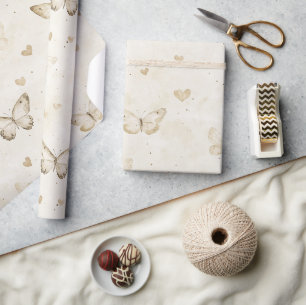 Cream Butterflies & Hearts Birthday Wrapping Paper