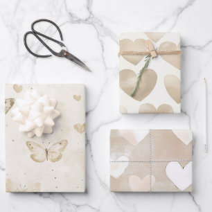 Cream Butterflies & Hearts Birthday Wrapping Paper Sheet