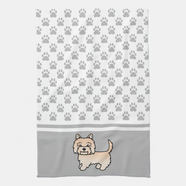 Cream Cairn Terrier Dog & Grey Paws Pattern Tea Towel (Vertical)