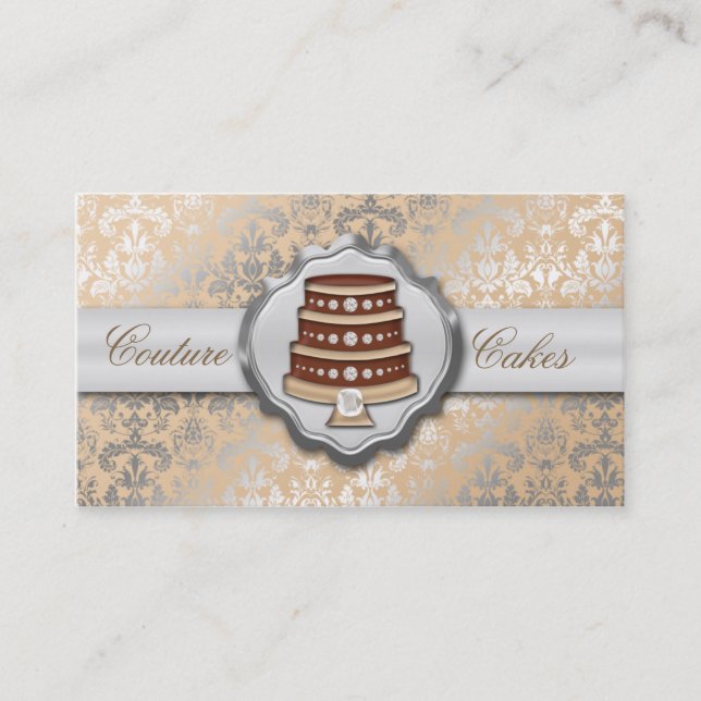 Cream Cake Couture Glitzy Damask Cake Bakery Business Card (Front)