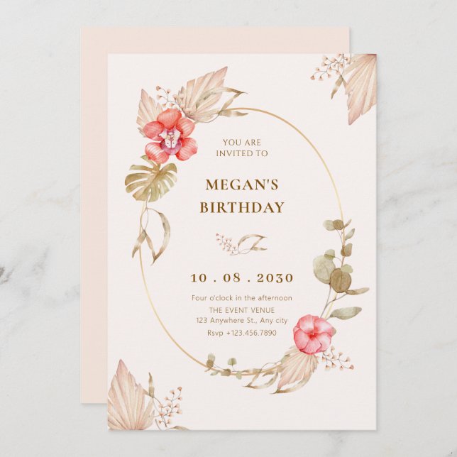 Cream calm floral elegant birthday invitation (Front/Back)