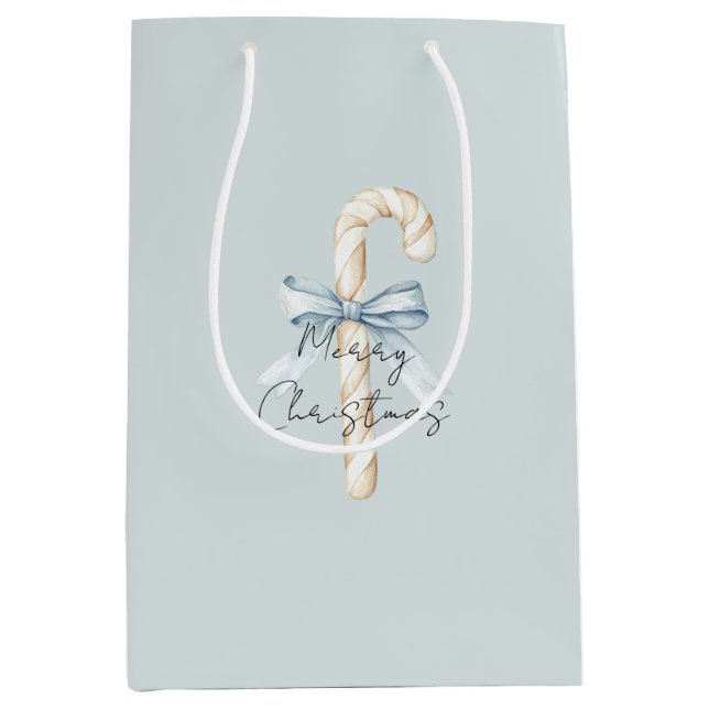 Cream Candy Canes Blue Bow Christmas Medium Gift Bag (Front)