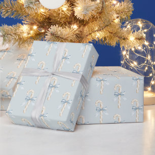 Cream Candy Canes Blue Bow Christmas Wrapping Paper