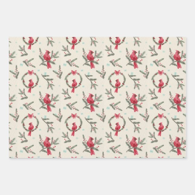 Cream Cardinal Christmas Wrapping Paper Set (Front)