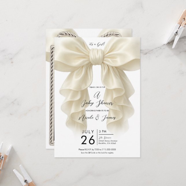 Cream Cascade Ruffle Bow Classy Baby Shower  Invitation (Front/Back In Situ)