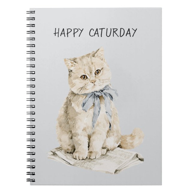 Cream Cat Blue Bow Caturday Notebook (Front)