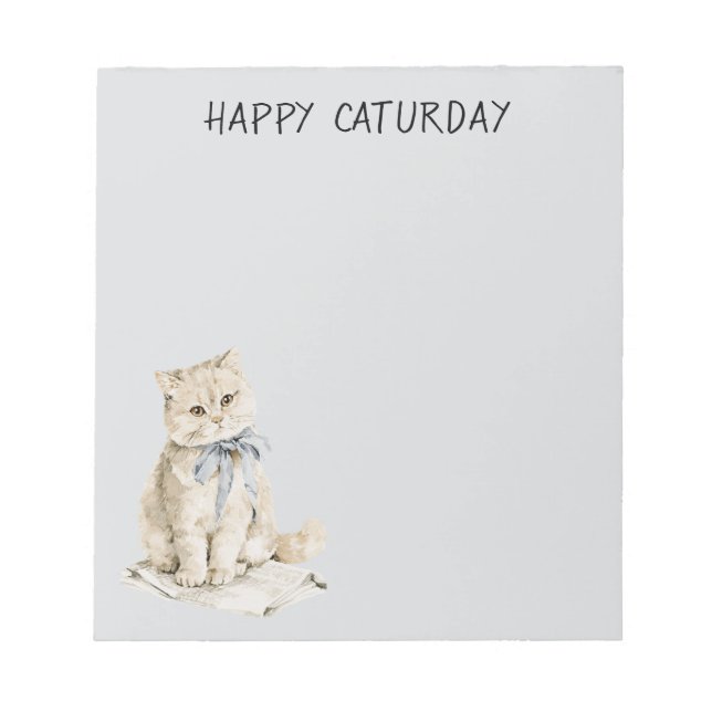 Cream Cat Blue Bow Caturday Notepad (Front)