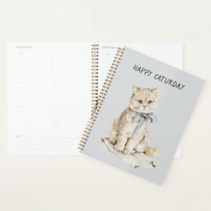 Cream Cat Blue Bow Caturday Planner
