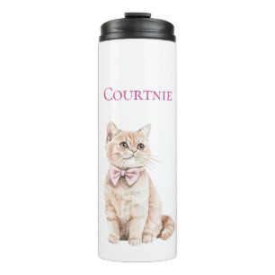 Cream Cat Pink Bow Thermal Tumbler