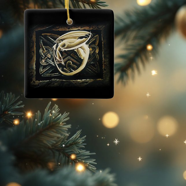 Cream Celtic Art Dragon Fantasy  Ceramic Ornament (Creator Uploaded)
