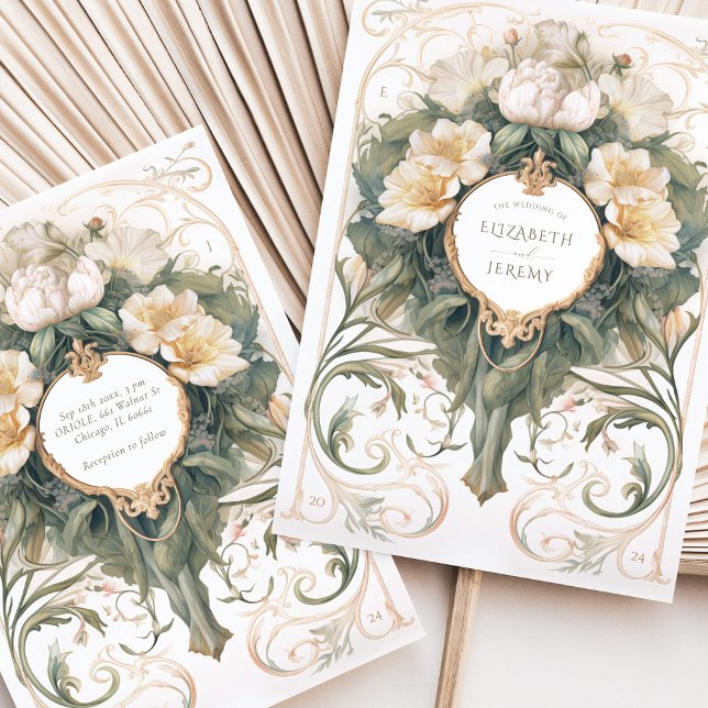 Cream Champagne Botanical Art Nouveau Wedding Invitation (Creator Uploaded)