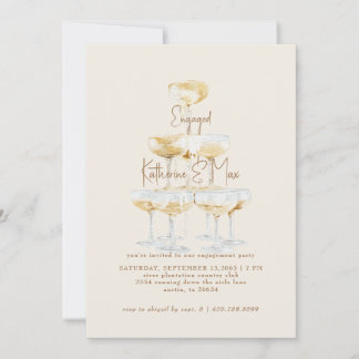 Cream Champagne Tower Gold Text Engagement Party Invitation